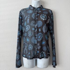 Nylon Apparel Sheer Mesh Turquoise Concho Print Western Mock Neck Blouse Top M